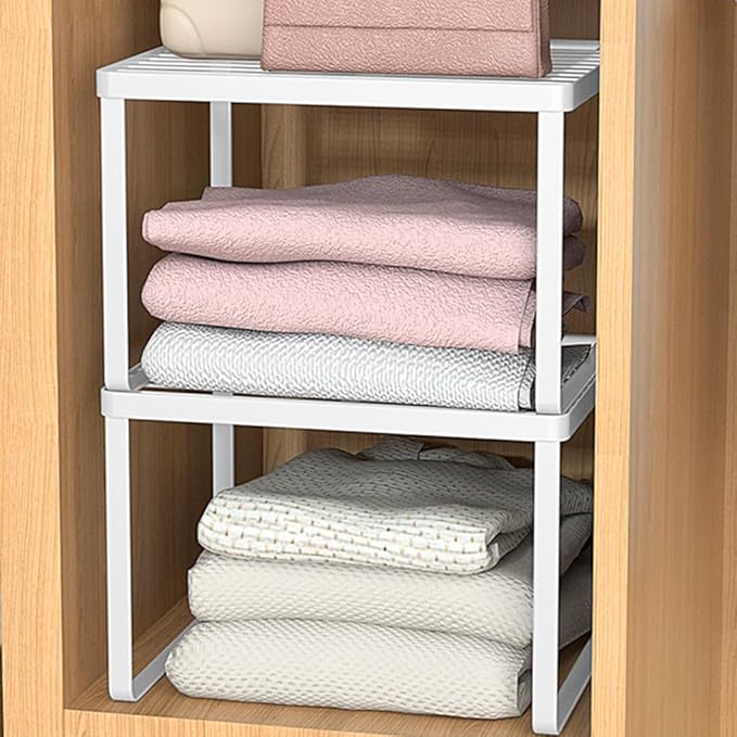 Kitchen Cabinet Storage Shelf Stackable Wire Spice Rack Organizer Heavy Duty Space Saver for Bathroom Bedroom Closet Laundry Room Office Countertop - White, Pack 1-Ruum Studio Home