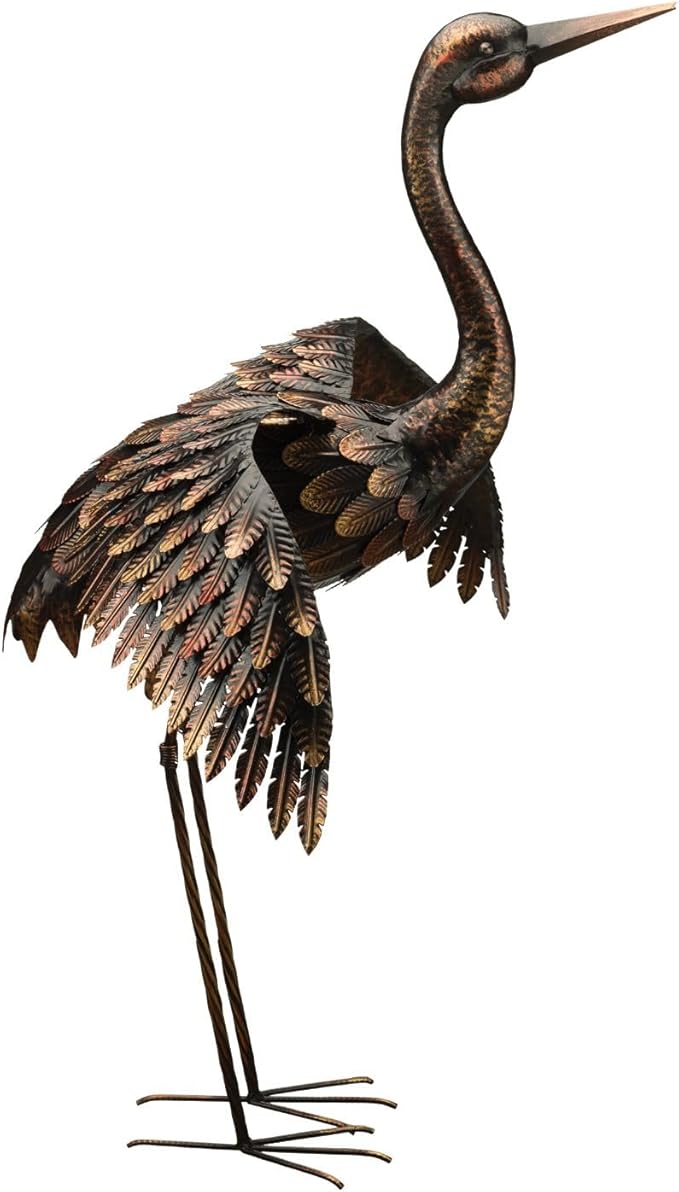 Regal Art & Gift Outdoor Garden Décor, Unique Bird Sculpture, Rustic Metal Bird Statues, Garden Ornaments, Bird Figurine for Lawn, Decorative Sculpture, Crane, Multi, Wings Down, 42" Height-Ruum Studio Home