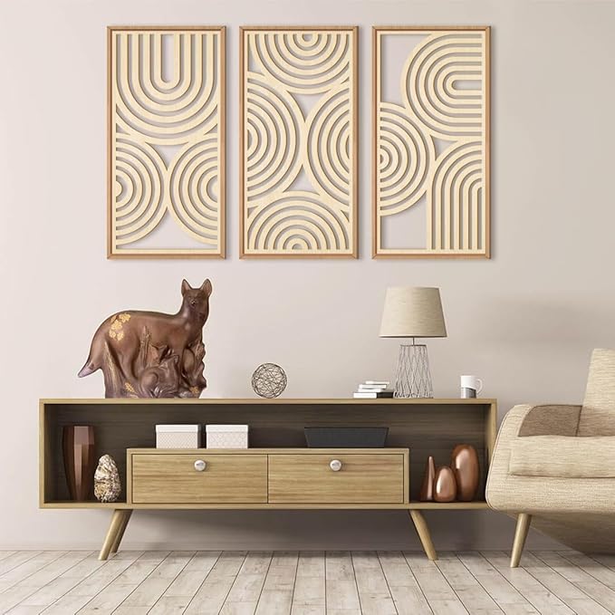 IARTTOP Large Boho Wood Wall Art Set of 3 Framed Wooden Mid-century Modern Wall Decor Minimalist Modern Abstract Geometric Decor for Living Room Bedroom Office-16x32 Inch-Ruum Studio Home