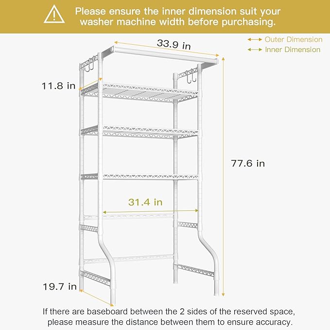 Ulif U11 Over Washer and Dryer Shelves, 3 Tiers Laundry Room Storage and Organizer Standing Shelf, Metal Freestanding Clothes Drying Rack, 33.9" W x 19.7" D x 77.6" H, White-Ruum Studio Home