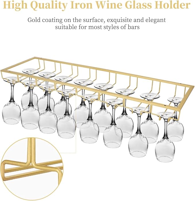 Xverycan Wine Glass Rack Under Cabinet, 8 Row Extreme Large Stemware Hanger, Metal Wine Goblet Holder, DIY Bar Glass Storage Rack for Bar Counter, Kitchen, Screws Included (Gold)-Ruum Studio Home
