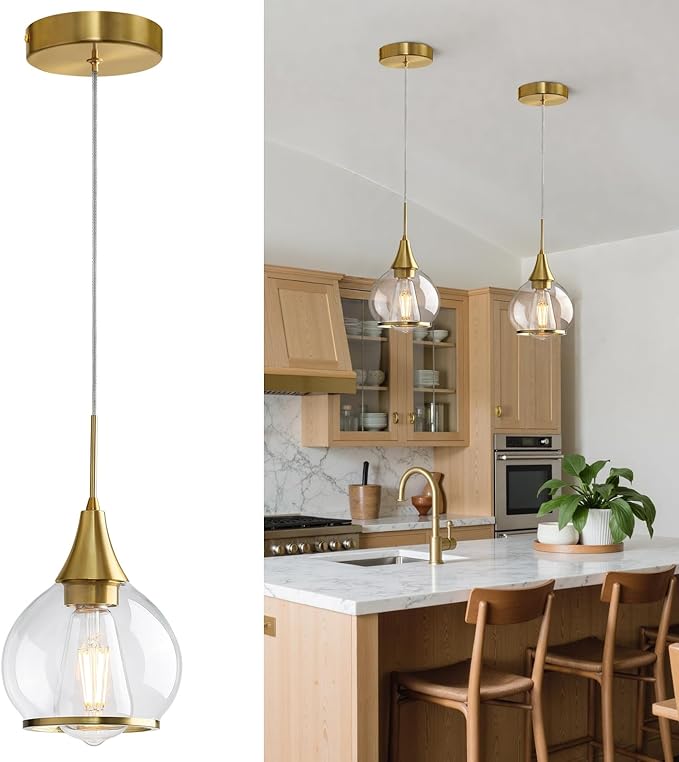 Pendant Light Fixtures Kitchen: Brushed Gold Farmhouse Island Light with Clear Glass - 6 Inch Mid Century Globe Kitchen Lighting Chandeliers Ceiling for Dining Room-Ruum Studio Home