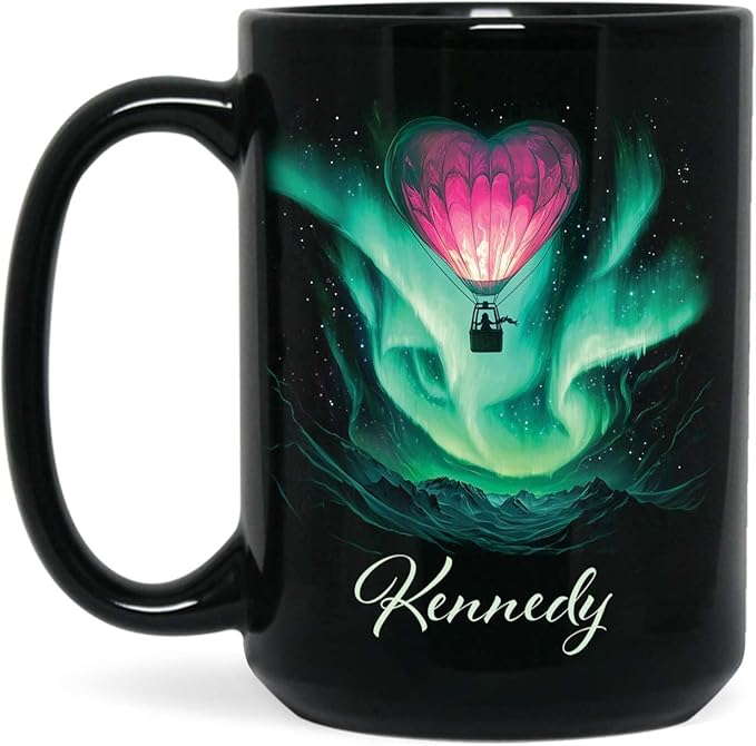 Customized Name Coffee Cup, Custom Hot Air Balloon Mug With Heart-Shaped, Personalized Northern Lights Ceramic Mug, Gift For Couples On Valentine's Day, Love Black Cup 11oz Or 15oz-Ruum Studio Home