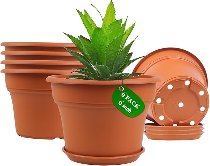 6 Inch Plastic-Flower Pot-for-Indoor Plants, 6 Pack Outdoor Plant Pots with Drainage Holes & Saucers, Resin Garden Pots Planters-Ruum Studio Home
