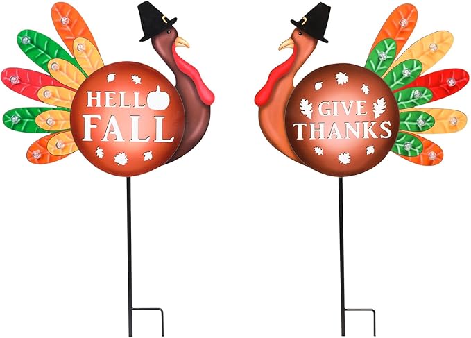 2 PCS Happy Fall Yard Signs Metal Thanksgiving Decorative Garden Stakes with Led Light Turkey Give Thanks Yard Stakes Fall Harvest Lawn Garden Lawn Pathway Decor-Ruum Studio Home