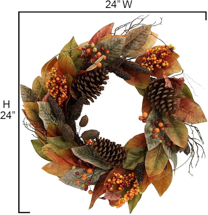 Admired By Nature 24 Inch Artificial Fall Magnolia Leaf Vine Berry Wreath Autumn Leaves For Wall Fornt Door Home Office Farmhouse Thanksgiving Harvest Cemetery Wreaths Indoor Outdoor, Orange-Pinecones-Ruum Studio Home