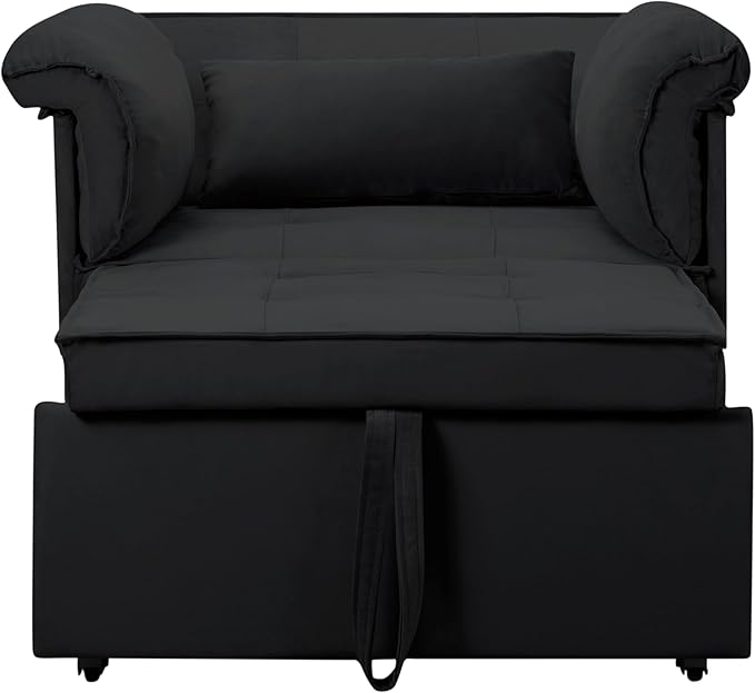 Pull Out Sofa Bed, Convertible Sleeper Chair Bed with Lumbar Pillow, 3-in-1 Sofa Chair with 3 Adjustable Backrest, Armchair Sleeper Small Couch for Small Spaces Living Room Black-Ruum Studio Home