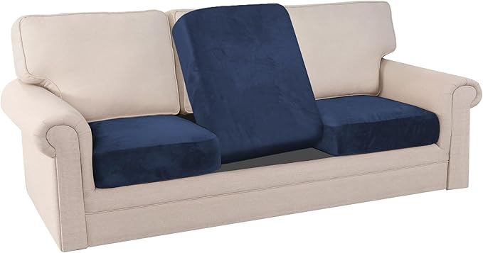 PrinceDeco Couch Cushion Covers, Stretch Washable Sofa Cushion Cover, Fitted Sofa Slipcover Velvet Fabric Non-Slip Furniture Protector for Dog,Pets, Kid (Each Width Up to 29.5", Navy)-Ruum Studio Home