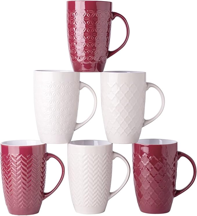 AmorArc Large Coffee Mugs Set of 6, 20oz Ceramic Tall Coffee Mugs Set with Textured Geometric Patterns for Coffee/Tea/Beer/Hot Cocoa, Dishwasher & Microwave Safe, Beige&Burgundy-Ruum Studio Home