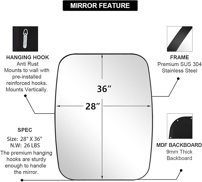 ANDY STAR Black Mirror for Bathroom, 28x36 Inch Stainless Steel Metal Frame Oblong Bathroom Mirror for Vanity, 1’’ Deep Wall Mounted Vertically/Horizontal-Ruum Studio Home