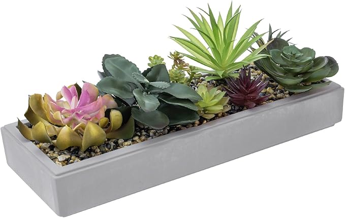 MyGift 15 Inch Mixed Color Assorted Artificial Succulent Plant Arrangement in Modern Gray Clay Planter Tray-Ruum Studio Home