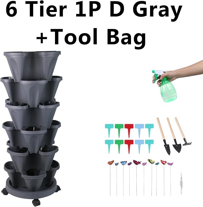 Vertical Planter, 6 Tier Stackable Strawberry Planter with Garden Tool Set, Movable Indoor/Outdoor Garden Herb Pot for Growing Vegetables and Succulents, Dark Gray-Ruum Studio Home