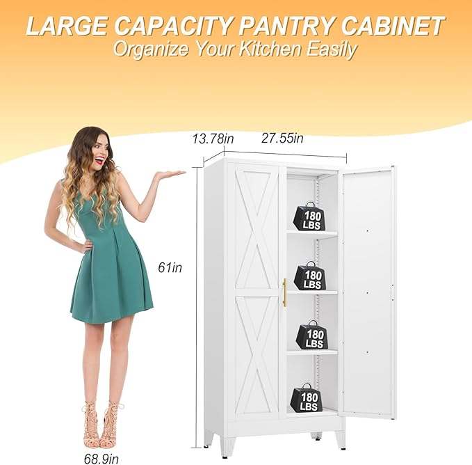 61" H Metal Kitchen Pantry Storage Cabinet, Freestanding Cupboard with 2 Doors and 3 Adjustable Shelves, Standing Storage for Kitchen, Bathroom, Garage, Dinning Room or Utility Room（White）-Ruum Studio Home