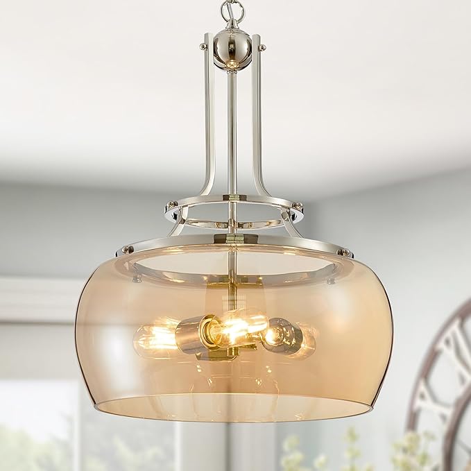 WUZUPS Nickel Chandelier Rustic Farmhouse Industrial Round Ceiling Pendant LED Light Fixture with Amber Glass Shade for Dining Room Kitchen Island Foyer Entryway, H 20.9" W 15.9", E26 Base-Ruum Studio Home