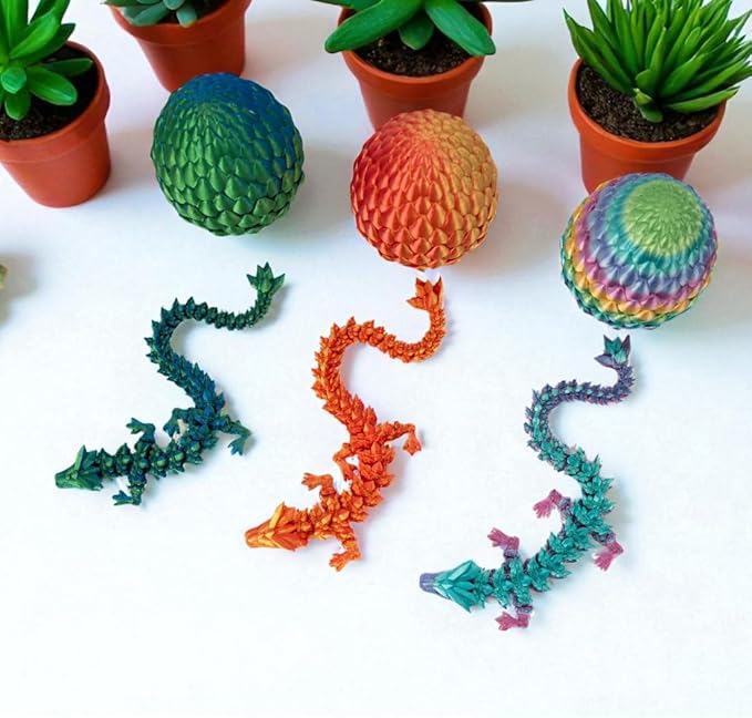 3PCS 3D Printed 12” Articulated Crystal Dragon Inside 5.1” Egg – Fantasy Collectible, Fidget Toy & Stocking Easter Basket Stuffers for Home & Office Decor (3pcs - Rainbow)-Ruum Studio Home