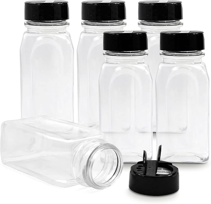 RoyalHouse - 6 Pack 14 Oz Plastic Spice Jars with Black Cap, Clear and Safe Plastic Bottle Containers with Shaker Lids for Storing Spice, Herbs and Seasoning Powders, BPA Free, Made in USA-Ruum Studio Home