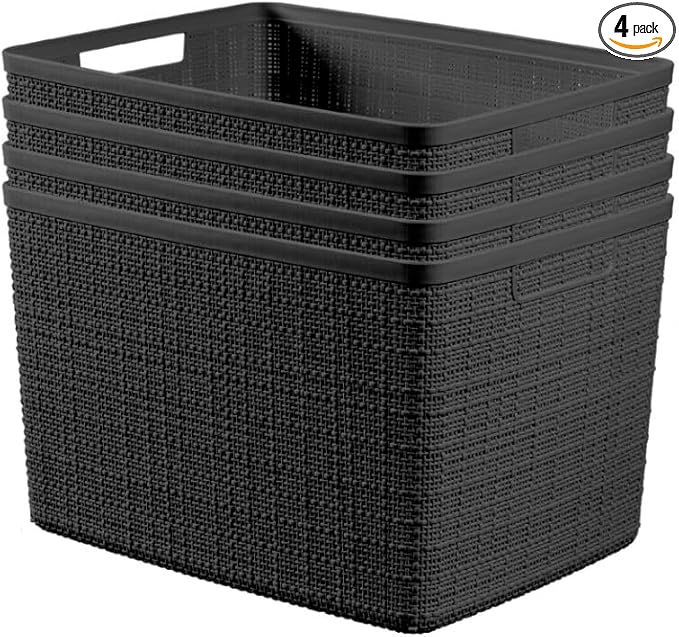 Curver Jute Large Decorative Plastic Organization and Storage Baskets, Perfect Bins for Home Office, Closet Shelves, Kitchen Pantry and All Bedroom Essentials, Pack of 4, Black-Ruum Studio Home