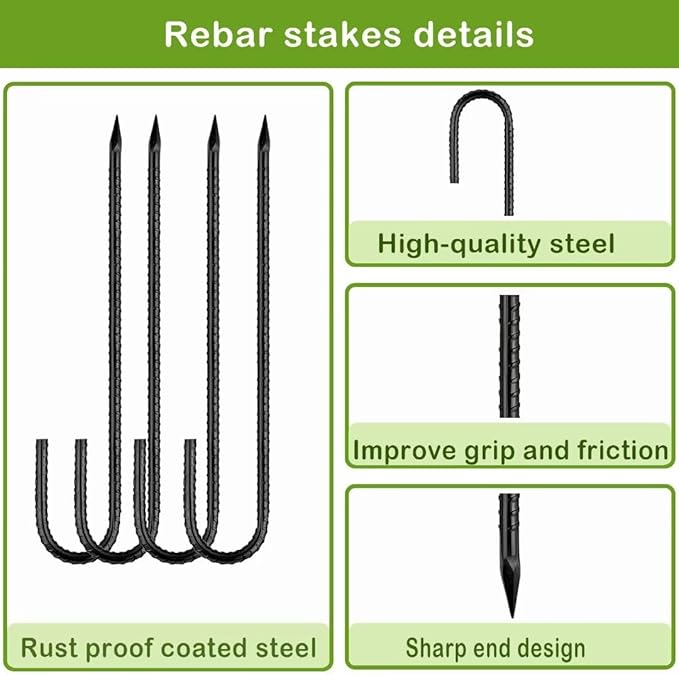 Ground-Stakes-Heavy-Duty-12 inch, J-Hook Rebar Stakes Black Coated Anti-Rust 10pcs Garden Stakes Metal Ground Anchors for Garden Dog Fence Chicken Coop Christmas Decorations Deer Fence-Ruum Studio Home