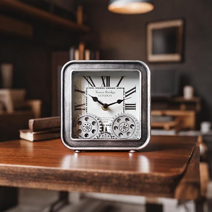 Desk Clock Vintage Metal Table Clocks with Moving Gears, Silent Retro Industrial Steampunk Quartz Small 6 inch End Table Clock for Home Office Living Room Decor Battery Operated-Ruum Studio Home