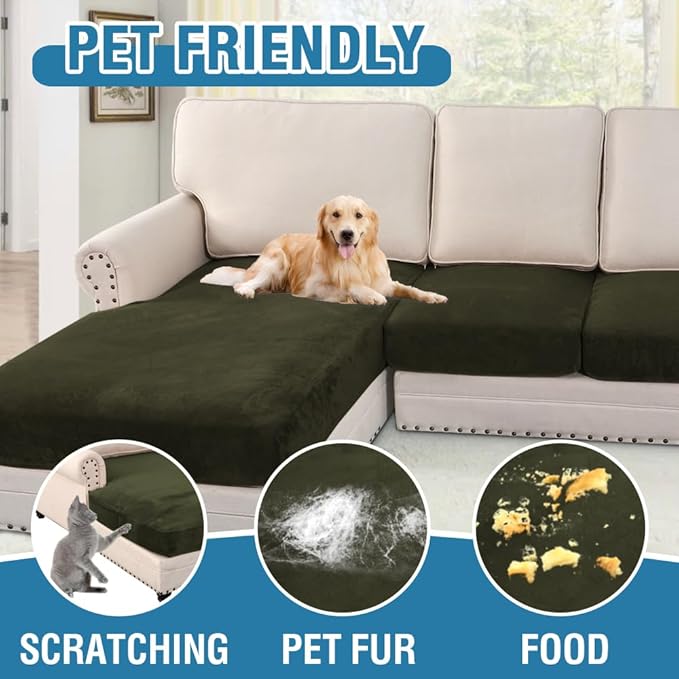 H.VERSAILTEX Velvet Stretch Sectional Couch Covers 4 Pieces Sofa Seat Cushion Covers L Shape Separate Couch Cover for Both Left/Right Sectional Couch (Large Sofa 3 Seater + 1 Chaise, Olive)-Ruum Studio Home