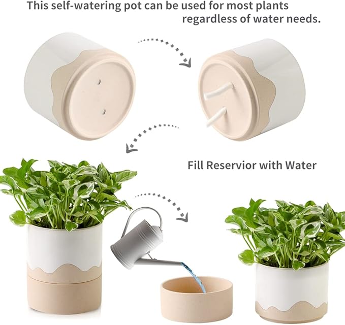 Nihow Self Watering Plant Pot: 6 Inch Ceramic Planter with Drainage Hole & Water Storage Plus for Indoor & Outdoor Plants - Cylinder Round Flower Pot for Succulent/Herbs/Violets - White & Nature-Ruum Studio Home