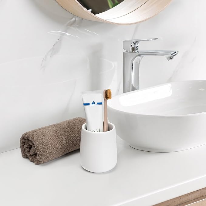 Bathroom Tumbler Cup Ceramic 13.5oz Reusable Toothbrush Cup 400ml, Toothbrush Holder Adequate for Your Bathroom (White)-Ruum Studio Home