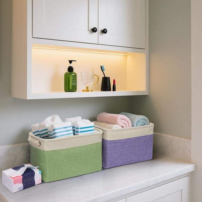 BALEINE 4 Pack Fabric Storage Bins for Shelves, Linen Storage Baskets for Organizing, Decorative Closet Bins for Clothes, Home (Pink, 12"x8"x8")-Ruum Studio Home