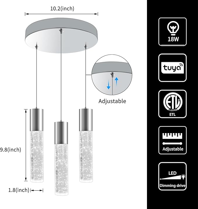 OKELI Smart Dimmable LED 3-Light Pendant Light for Kitchen Island, 18W 1350LM Modern Bubble Crystal Island Light Fixture with TUYA App & Voice Control, Adjustable 3000K-6000K, Electro-Chrome, Round-Ruum Studio Home