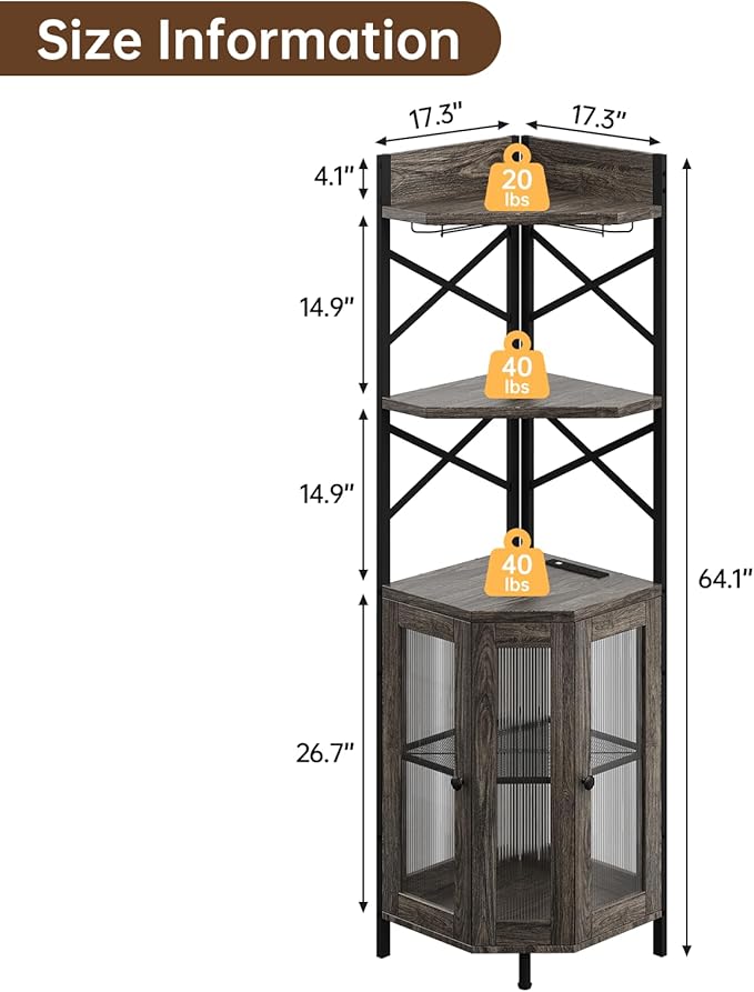 Corner Bar Cabinet with Power Outlet, 5-Tier Corner Wine Cabinet with Led Strip and Glass Holder, Industrial Tall Liquor Cabinet Bar Wine Rack for Home, Grey Oak-Ruum Studio Home
