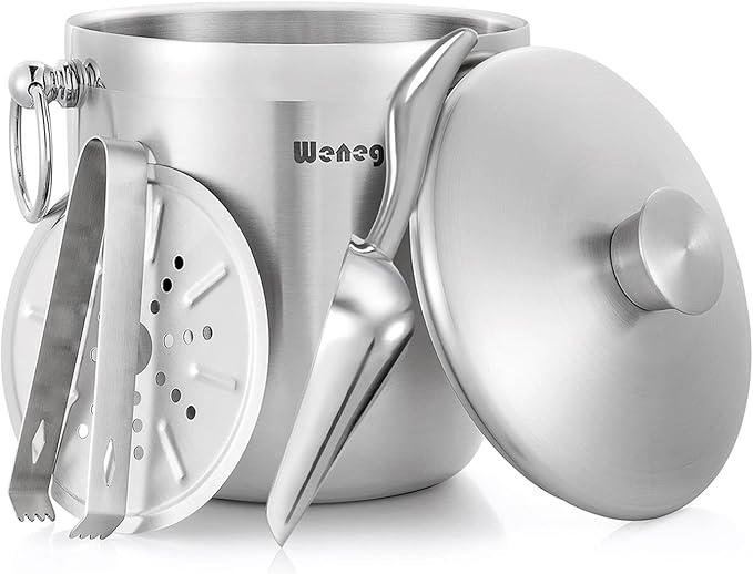 Ice Bucket with Lid, Scoop, Tongs and Strainer - Well Made Insulated Stainless Steel Keep Ice Frozen Longer - Ideal for Cocktail Bar, Parties, Chilling Wine, Champagne - 3 Liter (Stainless Steel)-Ruum Studio Home