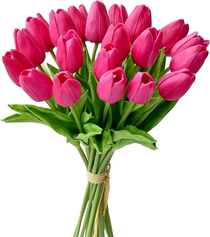 Mandy's Artificial Tulips 20 Stems Hot Pink PU Faux Flowers for Wedding Home Decor 13.5 Inch-Ruum Studio Home