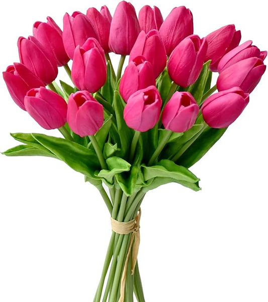 Mandy's Artificial Tulips 20 Stems Hot Pink PU Faux Flowers for Wedding Home Decor 13.5 Inch-Ruum Studio Home