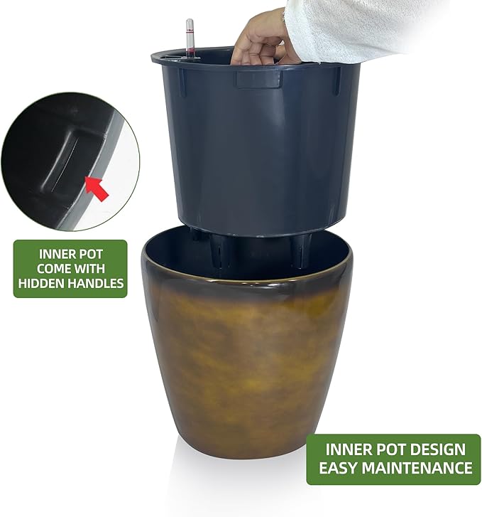 Dexceder 15x14 Self Watering Planter with Wheels Indoor Outdoor, Inner Pot Design, Thickened Large Floor Standing Flower Plant Pot with Water Level Indicator (Yellow Brown Gradient)-Ruum Studio Home