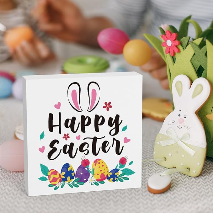 Rustic Farmhouse Bunny Easter Decorations Country Home Office Desk Decor Happy Easter Sign Cubicle Shelf Tabletop Tiered Tray Decor Gifts for Women 5 X 5 Inch-Ruum Studio Home