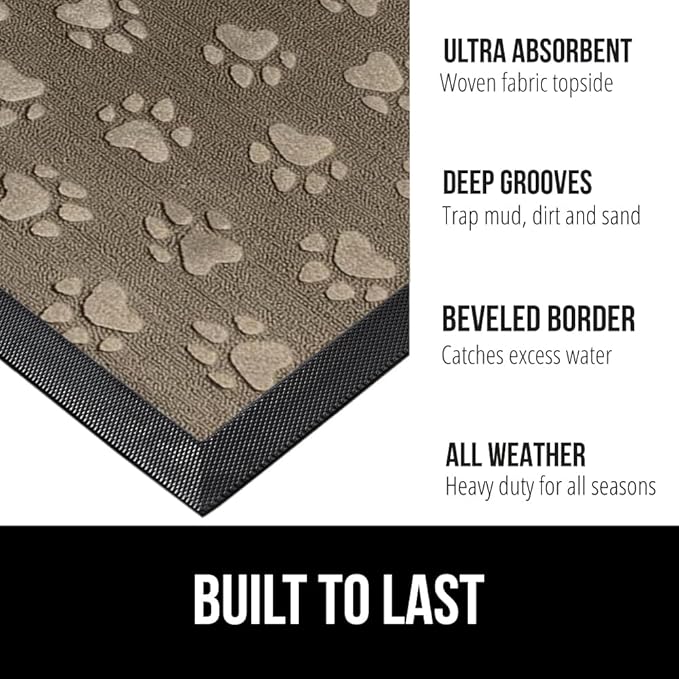 GORILLA GRIP 100% Waterproof All-Season WeatherMax Doormat 35x23, US Designed Natural Rubber, Stain and Fade Resistant, Low Profile Indoor Outdoor Door Mats, Easy Clean Patio Mat, Tan Pawprints-Ruum Studio Home