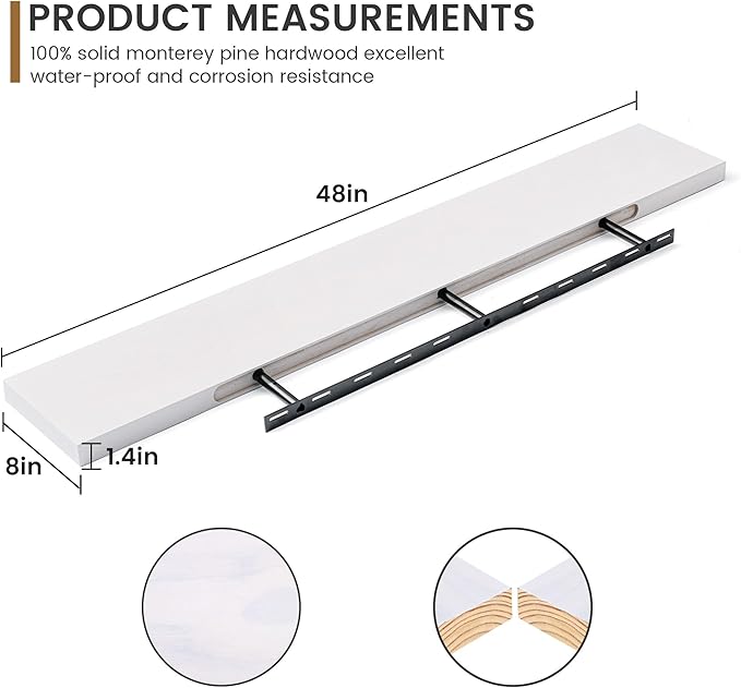 Fun Memories 48 Inch Floating Shelves for Wall, Deep Rustic Solid Pine Wood Shelf - Farmhouse Wall Mounted Display Shelf with Heavy-Duty Metal Bracket, 48" W x 8" D, Set of 1, White-Ruum Studio Home