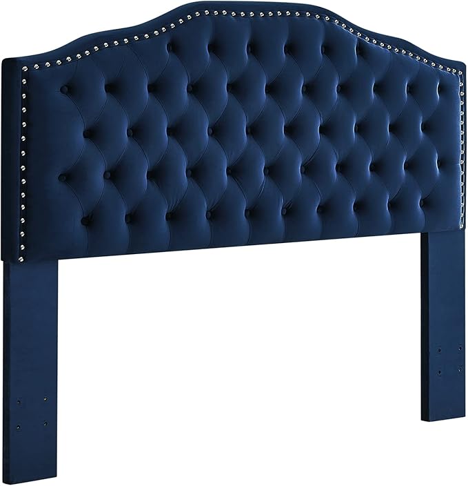 24KF Upholstered Button Tufted Queen Headboard with Nailhead Trim, Soft Velvet Fabric Headboard Queen/Full WM-6031-Q-NAVY-Ruum Studio Home