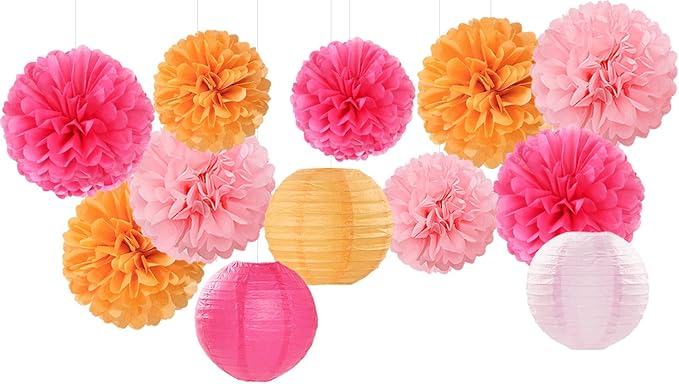 Pink-Orange Party-Decorations Paper-Flowers Lanterns - 15PCS Fall Wedding Birthday Tissue Pom Poms Streamers, Boho Baby Bridal Shower Graduation Sunset Hanging Supplies Decor Hugfond-Ruum Studio Home