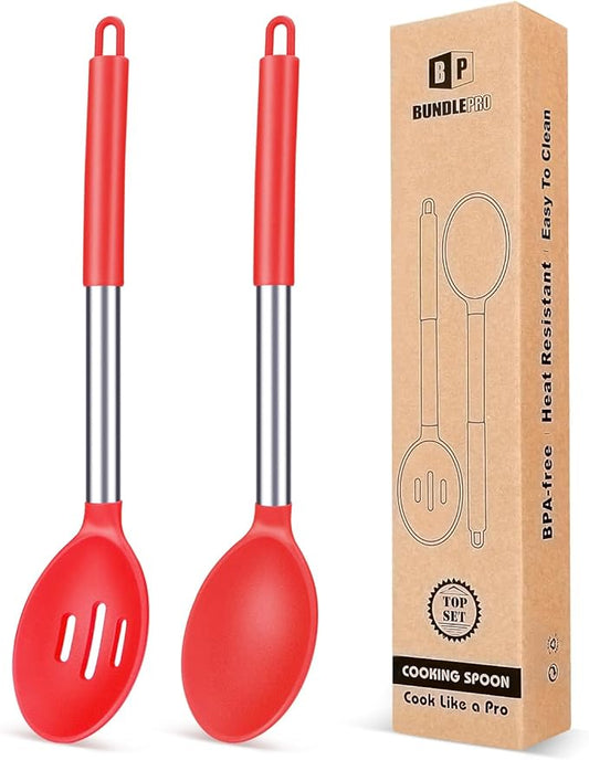 Pack of 2 Large Silicone Cooking Spoons,Non Stick Solid Basting Spoon,Heat-Resistant Kitchen Utensils for Mixing,Serving,Draining,Stirring (RED)-Ruum Studio Home