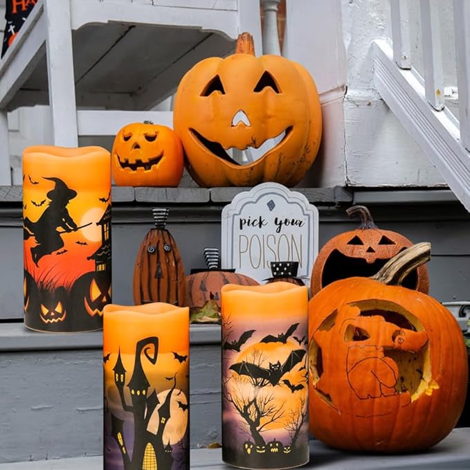 Wondise Halloween Flameless Flickering Candles with 6hrs Timer, Battery Operated Candles with Halloween Decals Real Wax LED Pillar Candles for Halloween Home Table Decor (3 x 6 Inches), Orange-Ruum Studio Home