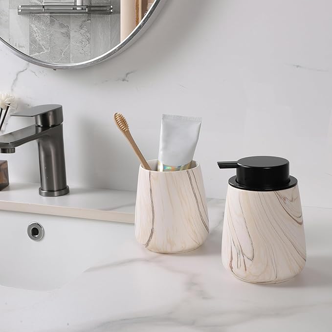 2Pcs Toothbrush Holder for Bathroom - Marble Brown Ceramic Tooth Brushing Holders Set, Toothbrush Cup & Toothpaste Organizer for Bathroom Countertop, Makeup Brush Holder, Pen Holder for Home Storage-Ruum Studio Home