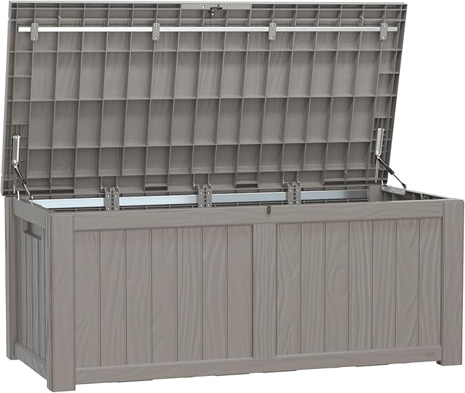 120 Gallon Deck Box,Resin Outdoor Storage Box with Lockable for Patio Furniture, Pool Accessories, Garden Tools Waterproof Outside Storage Box, Grey-Ruum Studio Home