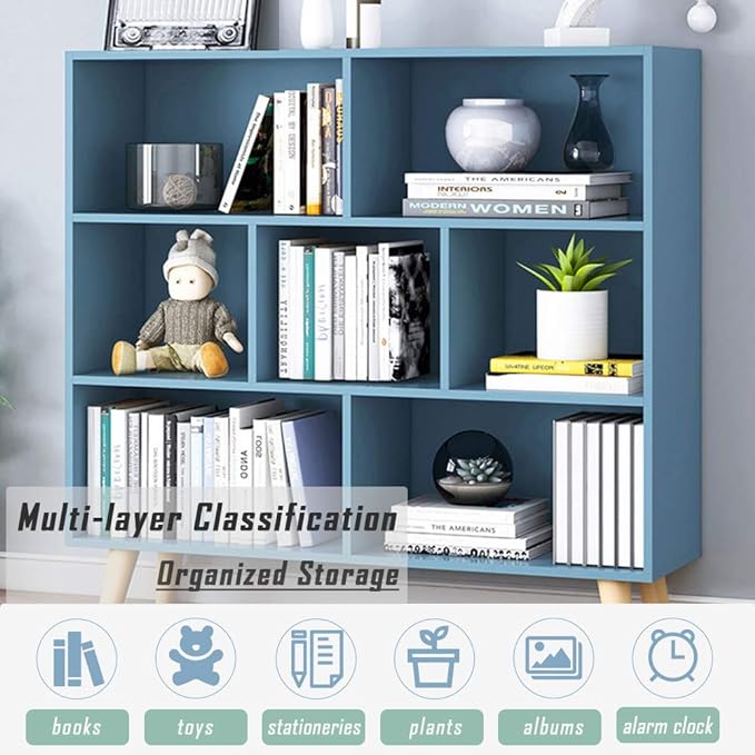 IOTXY Wooden Open Shelf Bookcase - 3-Tier Floor Standing Display Cabinet Rack with Legs, 7 Cubes Bookshelf, Bright Blue-Ruum Studio Home