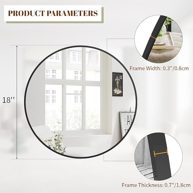 BEAUTYPEAK 18 Inch Round Mirror, Metal Frame Circle Mirror, Wall Mounted for Entryway, Bathroom, Vanity, Living Room, Black-Ruum Studio Home