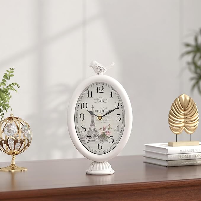 Vintage Table Clock with Bird, Desk and Shelf Decor Clock, French Paris Style, Antique White Metal Mantel Clocks for Living Room, Farmhouse, Bedroom, Bedside, Gift (10" H x 5.9" W)-Ruum Studio Home
