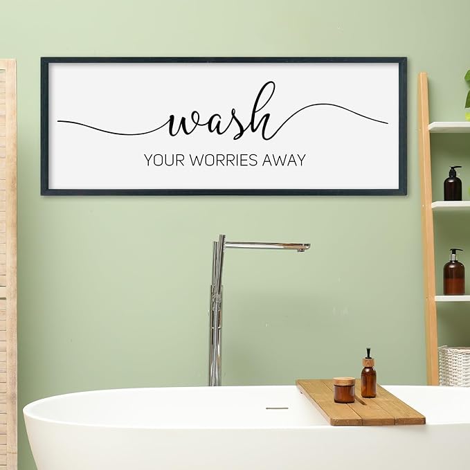 SRSZHIYUE Wash Your Worries Away Bathroom Sign Wall Art 32"×12" Funny Restroom Toilet Large Wood Framed Hanging Decor (Black)-Ruum Studio Home