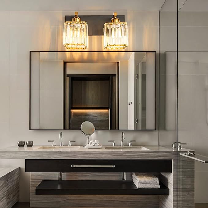 Modern Bathroom Vanity Light 2-Lights Black Gold Crystal Bathroom Wall Light Vanity Light Fixtures，12.59-inch Modern Minimalist Design-Ruum Studio Home