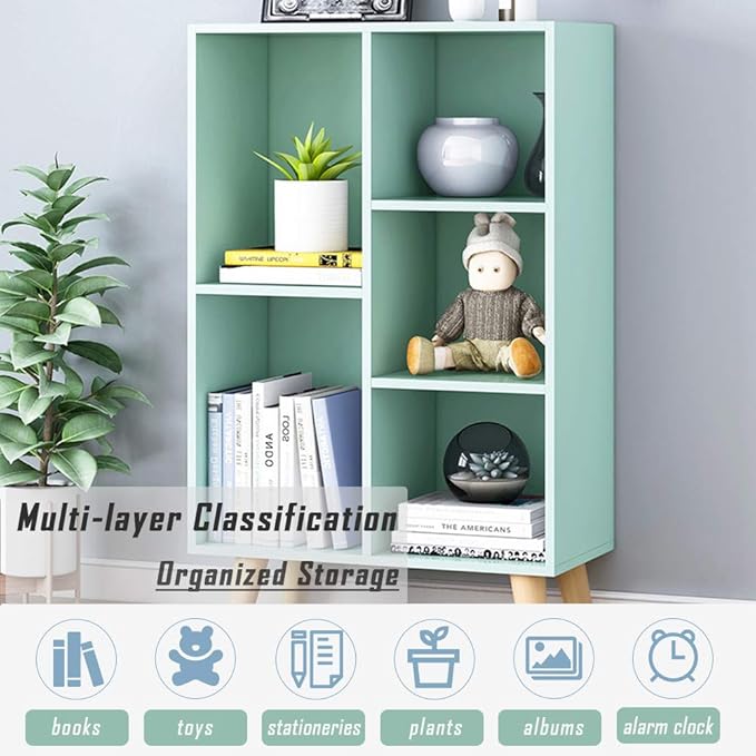 IOTXY Wooden Open Shelf Bookcase - 3-Tier Floorstanding Display Cabinet Rack with Legs, 5 Cubes Free Standing Bookshelf, Tiffany-Green-Ruum Studio Home
