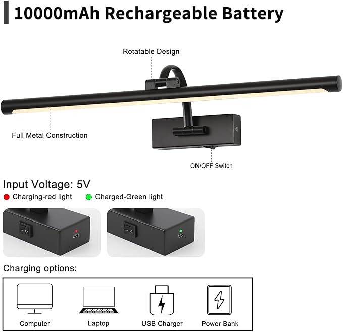 Dimmable Black Picture Lights with Remote and Timer Wireless Art Lights Rechargeable Gallery Lighting for Canvas Portrait 24'' Inch 5W Warm White-Ruum Studio Home
