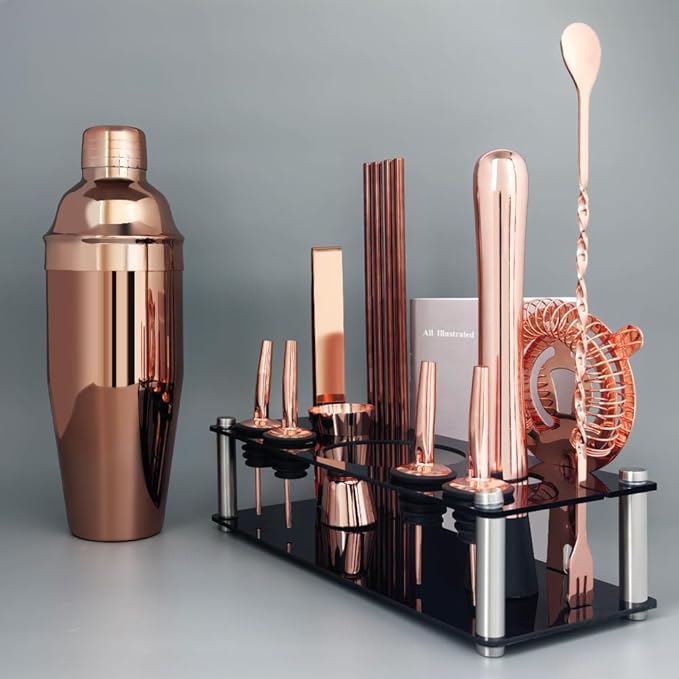 14-Piece Cocktail Shaker Set Bartender Kit with Black Stand, Bar Tool Set for Drink Mixing Bartending Kit Bar Sets Accessories: 750ml(25oz) Shaker, Jigger, Muddler, Cocktail Recipes (Rose Gold)-Ruum Studio Home